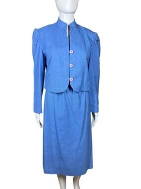 Philippe Marques 80s Vintage Blazer Skirt Suit 2 pc Set Blue Purple Size Medium